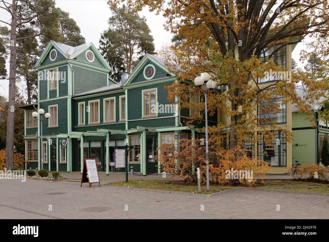 Exterior of 'Villa Joma' hotel in Yurmala, Latvia, the restored wooden villa served as small hotel since the end of 19th century Stock Photo