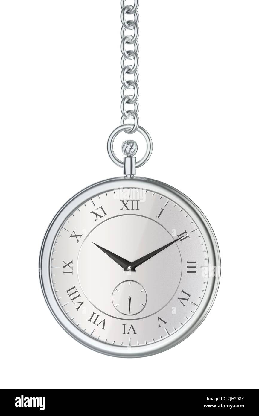 Front view of silver pocket watch with chain, isolated on white background Stock Photo