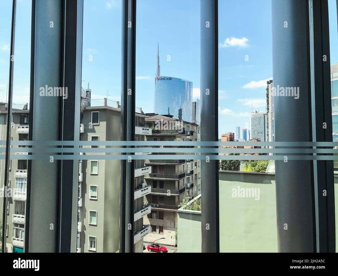 The Unicredit tower of the Garibaldi district seen from inside the