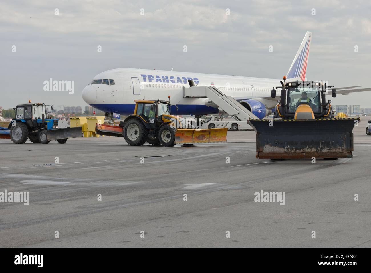 St. Petersburg, Russia - September 24, 2015: Snow removal vehicles during the annual review of equipment in the Pulkovo airport Stock Photo