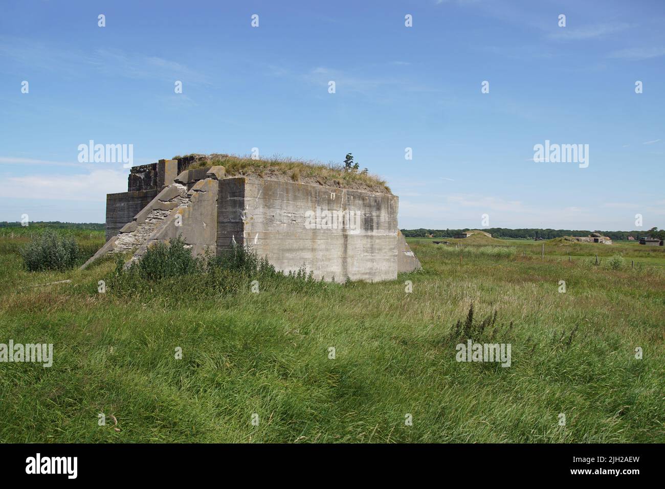 Concrete bunker from the Second World War in the meadow near the Dutch village of Bergen. Built by the Germans to defend the Dutch coast Stock Photo