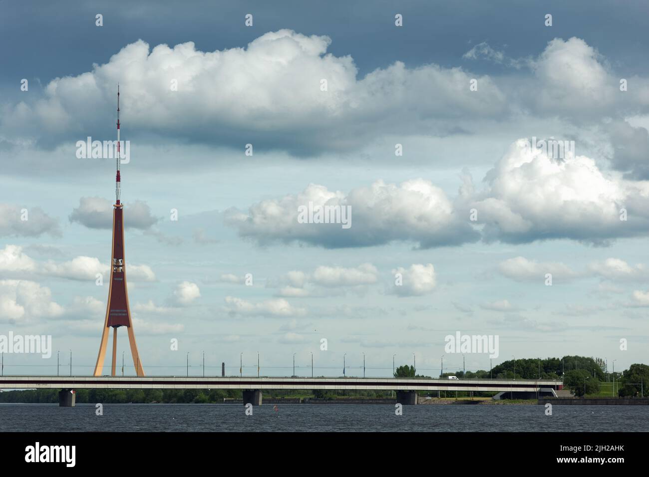 View to the river Daugava and Riga TV tower. Built in 1979-1986, the tower is 386.5 m tall Stock Photo