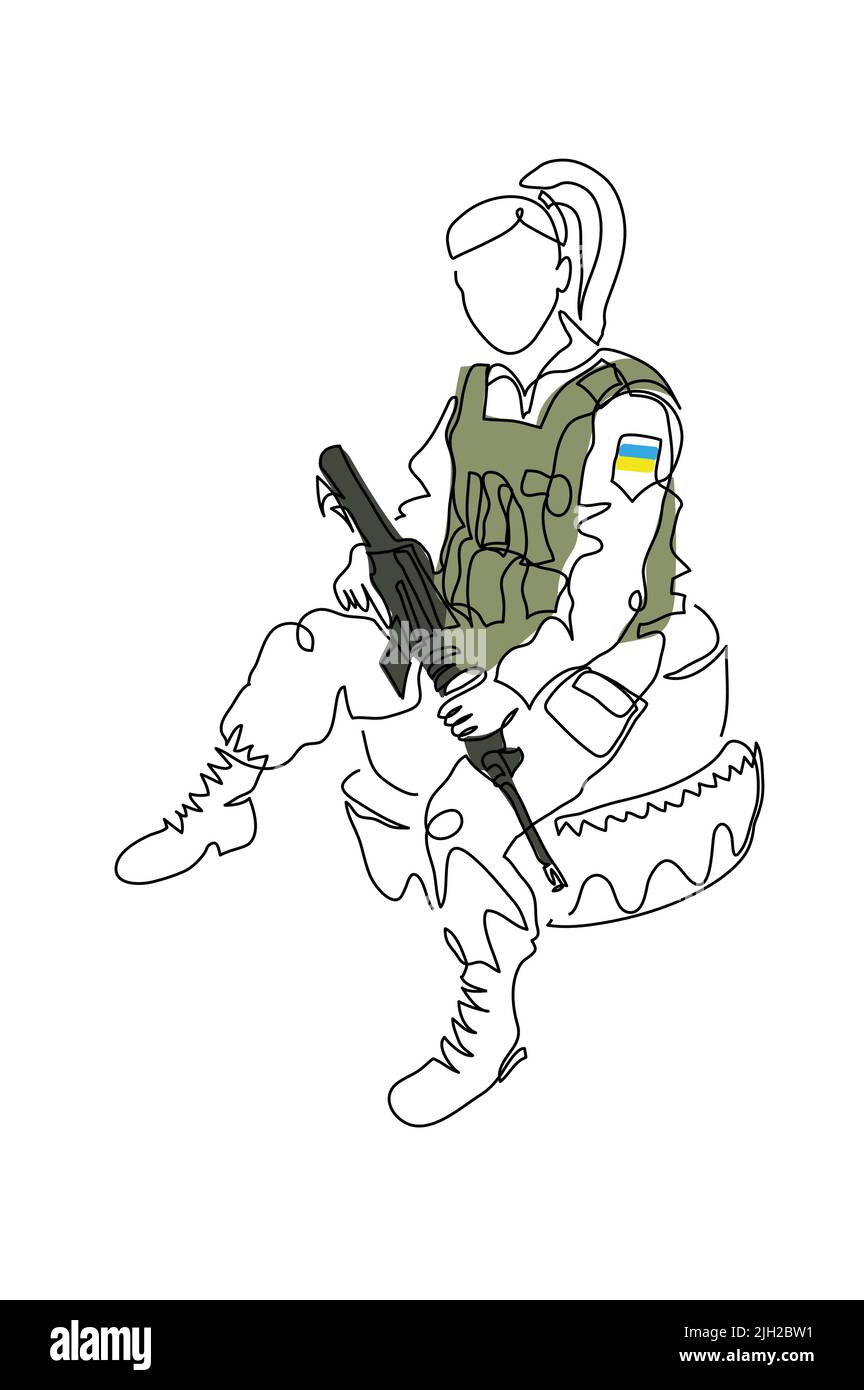Soldier girl with weapon and bulletproof vest rests on tires. Vector illustration. One continuous line art drawing of soldier girl Stock Vector