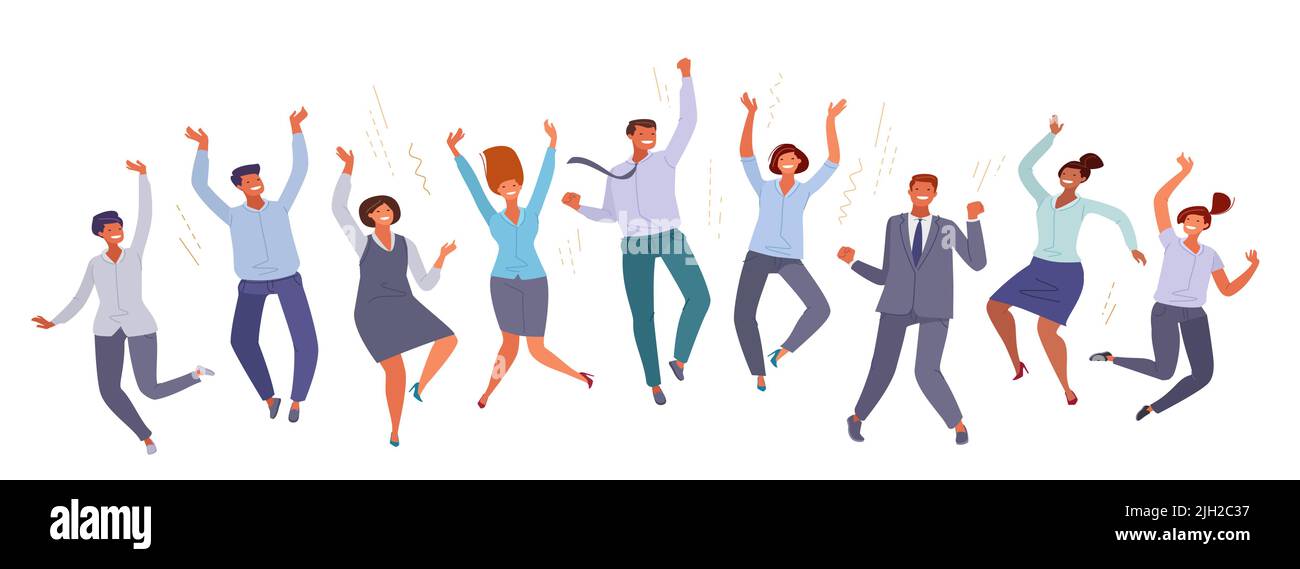 Teamwork success. Happy jumping business people in office clothes in cartoon flat style. Company concept vector Stock Vector