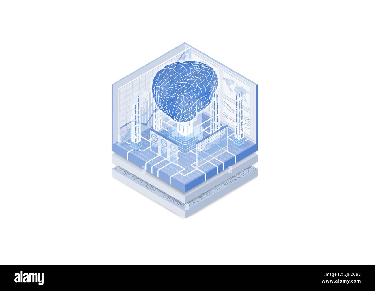 Artificial Intelligence AI concept. Isometric vector illustration of digital brain representing a deep neural network. Blue and white web banner. Stock Vector