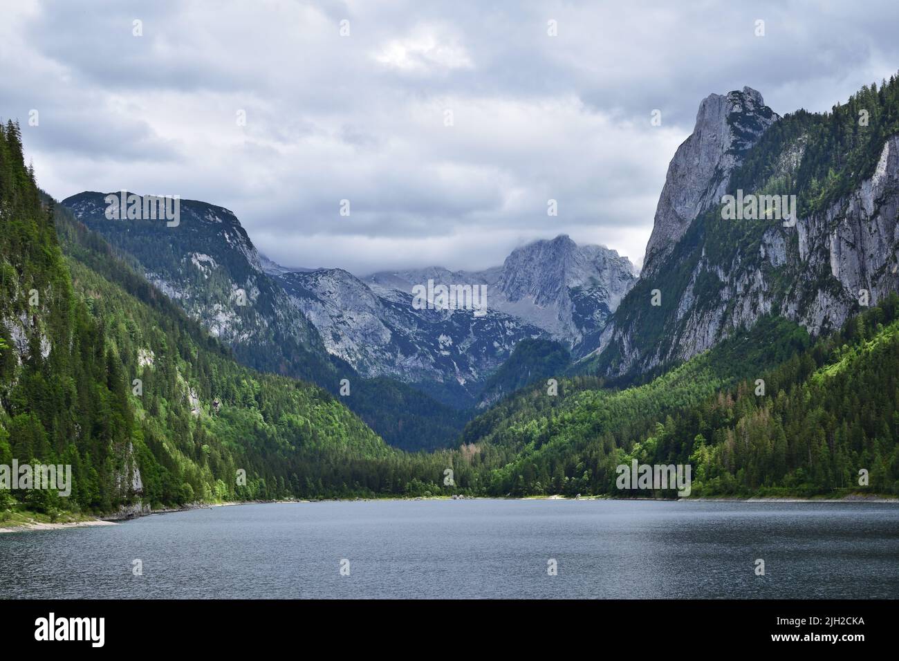 Scenic view of Vorderer Gosausee on a cloudy day Stock Photo