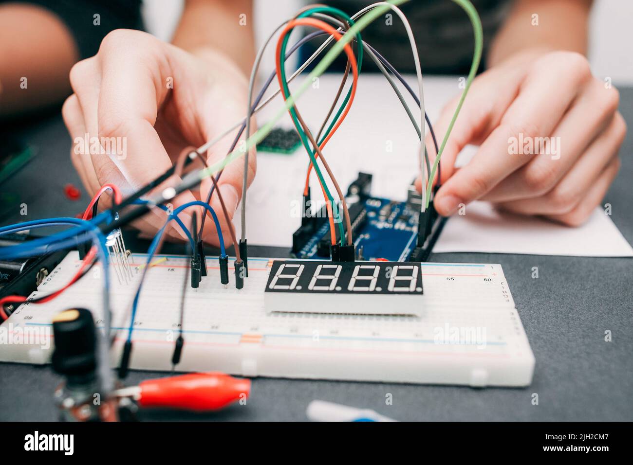 Breadboard with cables close-up Stock Photo
