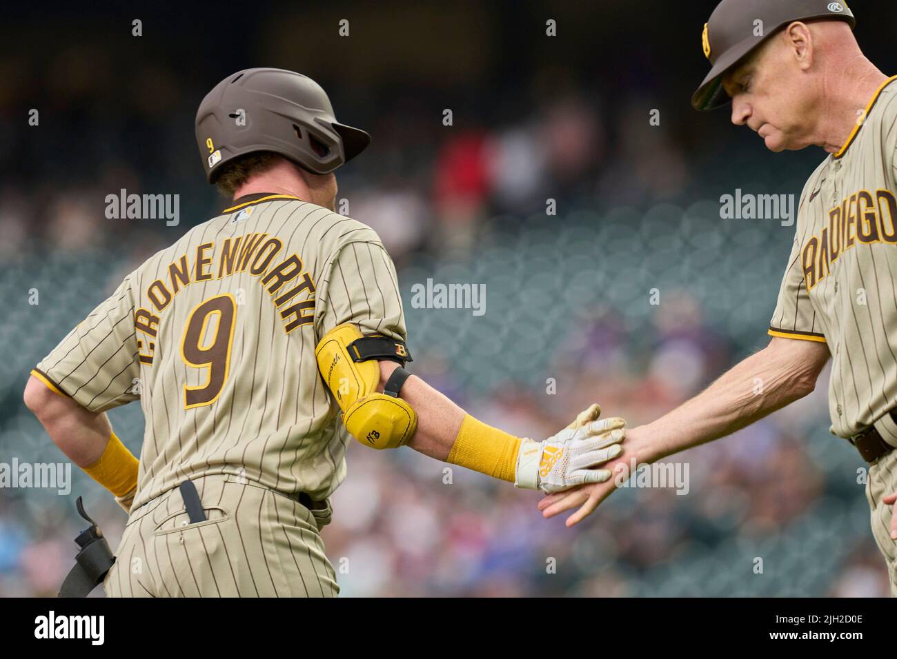 Denver CO, USA. 11th July, 2022. San Diego second baseman Jake Cronenworth  (9) during pregame game with San Diego Padres and Colorado Rockies held at  Coors Field in Denver Co. David Seelig/Cal