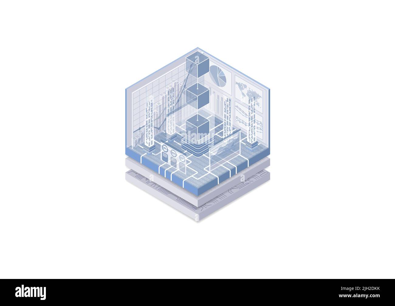 Blockchain and Web 3.0 concept. Isometric vector illustration of connected blocks of data. Blue and white web banner. Stock Vector