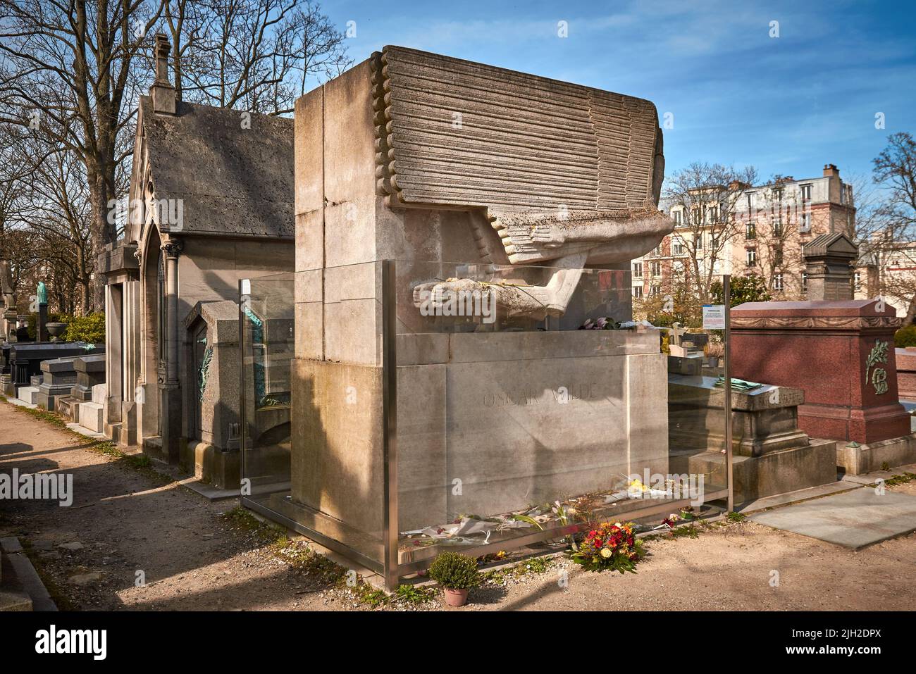 PARIS, FRANCE -APRIL 4, 2018: The tomb of Oscar Wilde in Pere Lachaise Cemetery Stock Photo