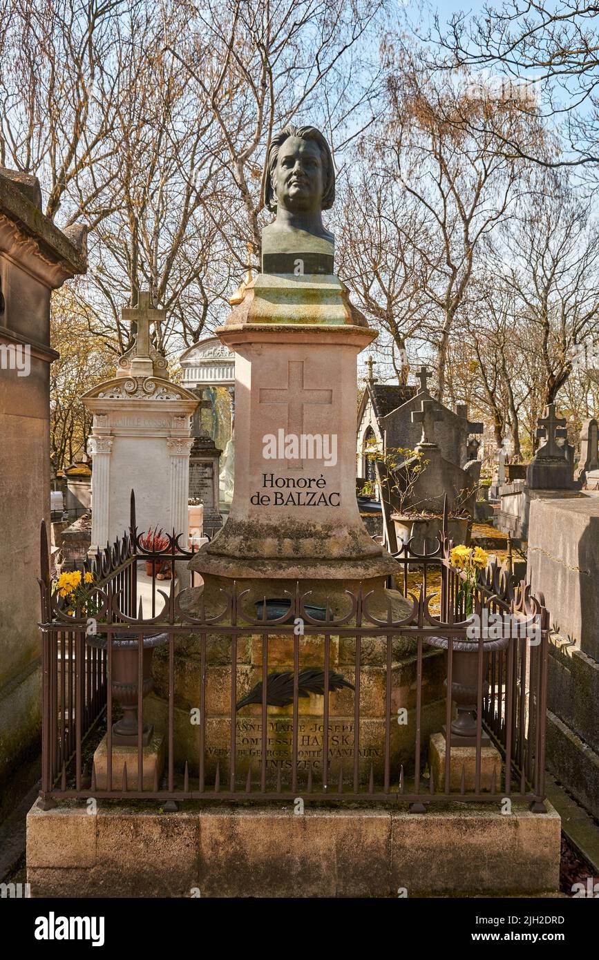 PARIS, FRANCE -APRIL 4, 2018: The tomb of Honore de Balzac in Pere Lachaise Cemetery Stock Photo