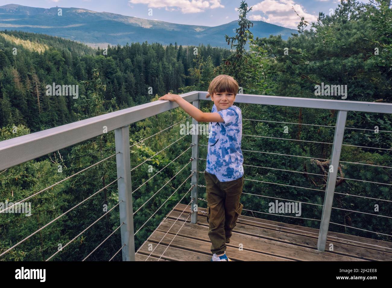 Kid at the Scenic landscape of Karkonosze Mounatains, Poland Stock Photo