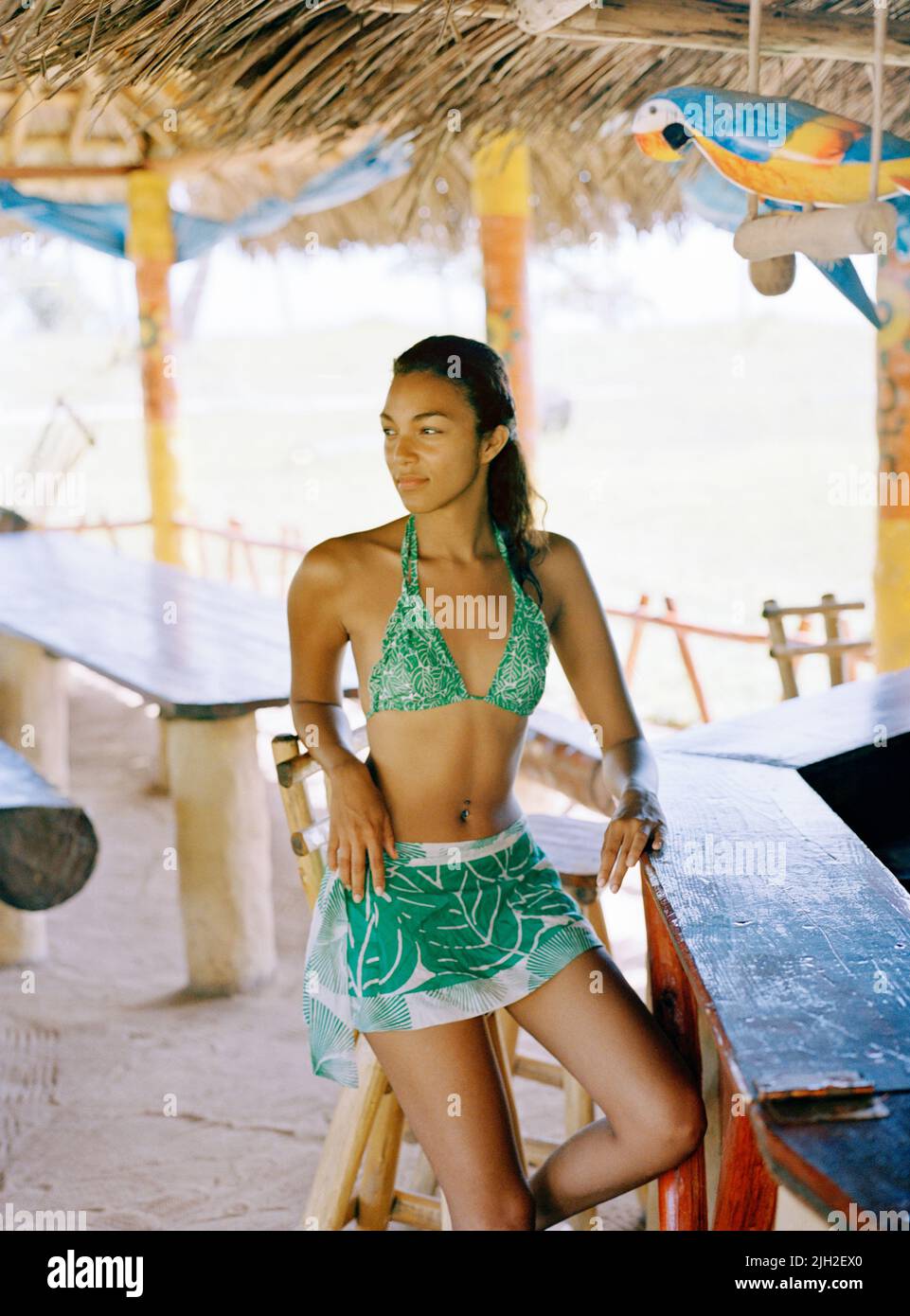 Smiling woman at beach bar. Playa Rincon, Las Galeras, Samana Peninsula, Dominican Republic. Stock Photo