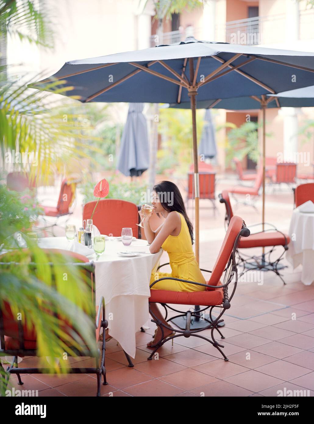 A woman wearing a Diane von Furstenberg dress has a glass of wine at a  restaurant. Santo Domingo, Dominican Republic. Stock Photo