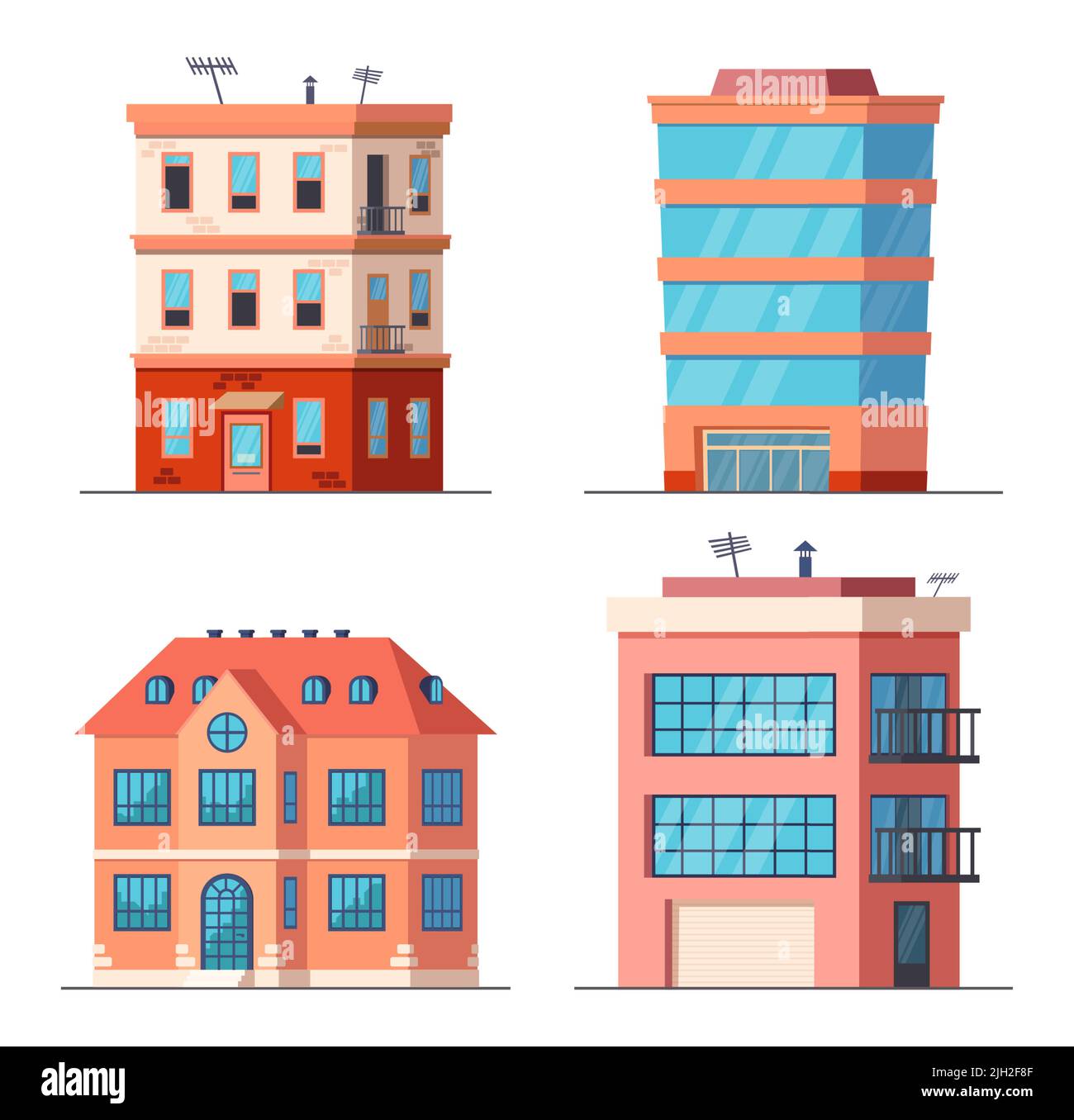 Cartoon office city buildings. House or real estate for business or living. Modern town property exterior Stock Vector