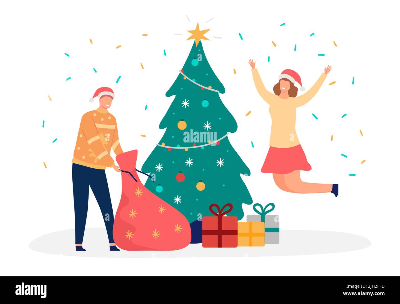 Christmas people celebrating christmas near decorated tree. Female and