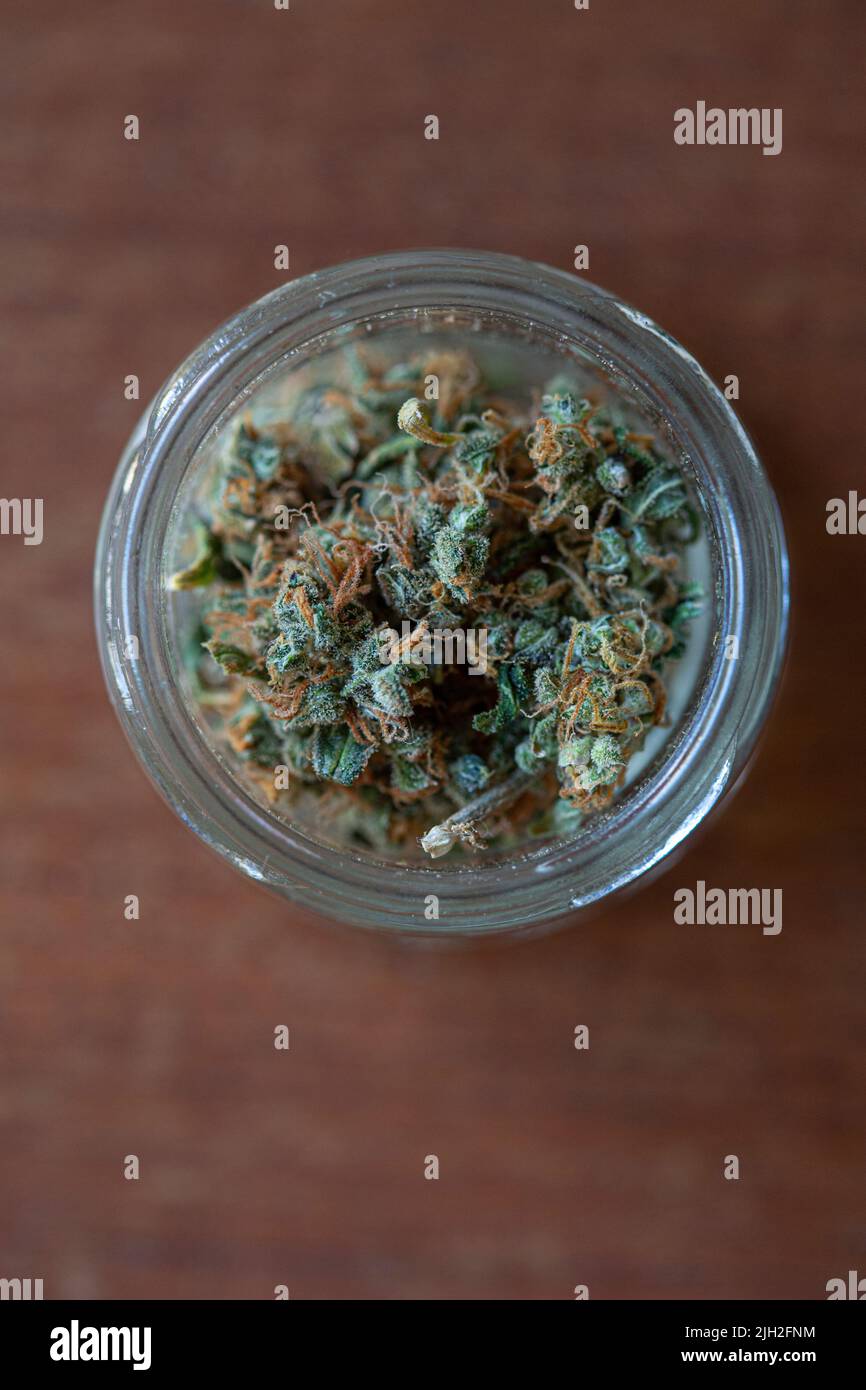Top view of a jar with cannabis sativa Stock Photo