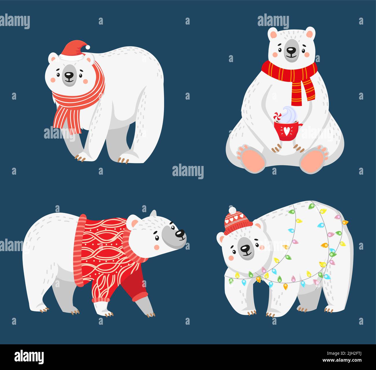Christmas polar bears. Cute characters wearing winter holiday sweaters, Santa hats and scarfs. Arctic animals Stock Vector