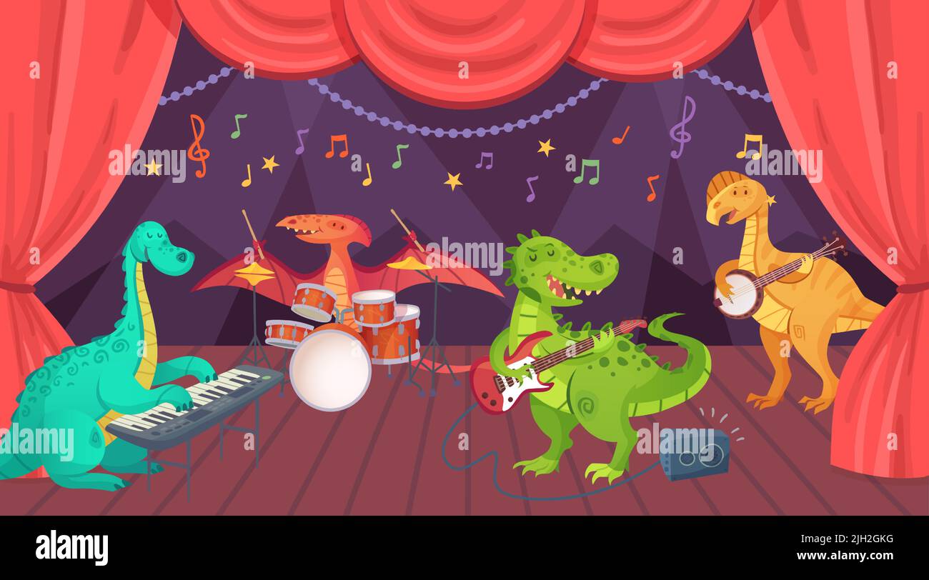 2206 S ST Dinosaur play music on theatre stage Stock Vector