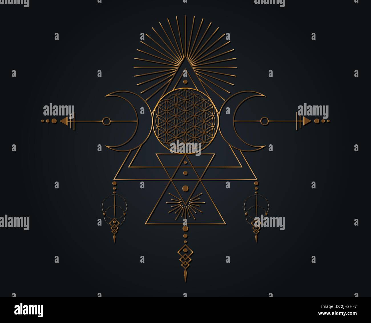 Triple Goddess and Flower of Life, gold Sacred Geometry, tribal triangles, moon phases in Shaman boho style. Astrology, alchemy, and magic symbol Stock Vector