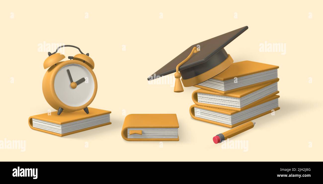Back to school concept. Books, pencil, alarm clock, graduation cap and ...