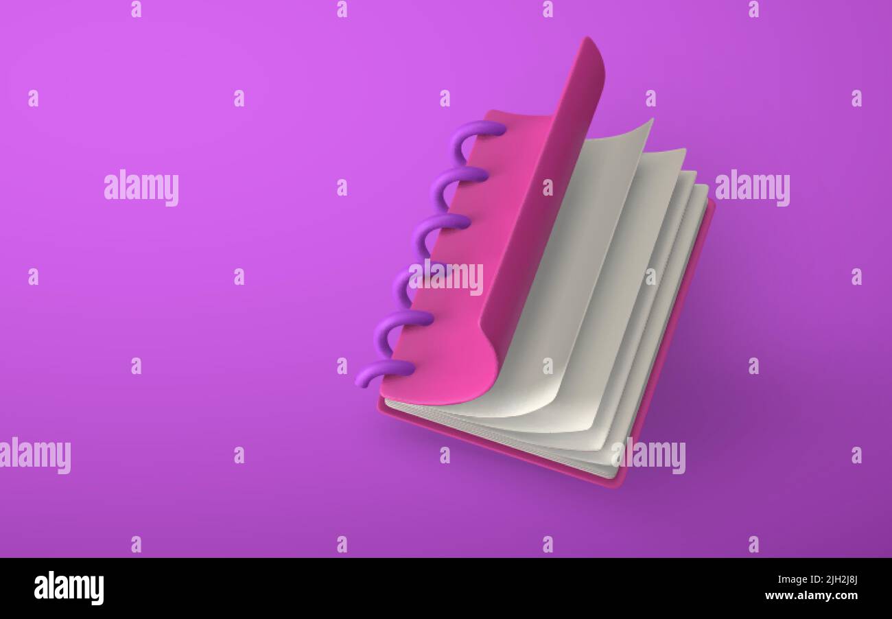 Cute cartoon notepad. Realistic 3d school object. Vector illustration