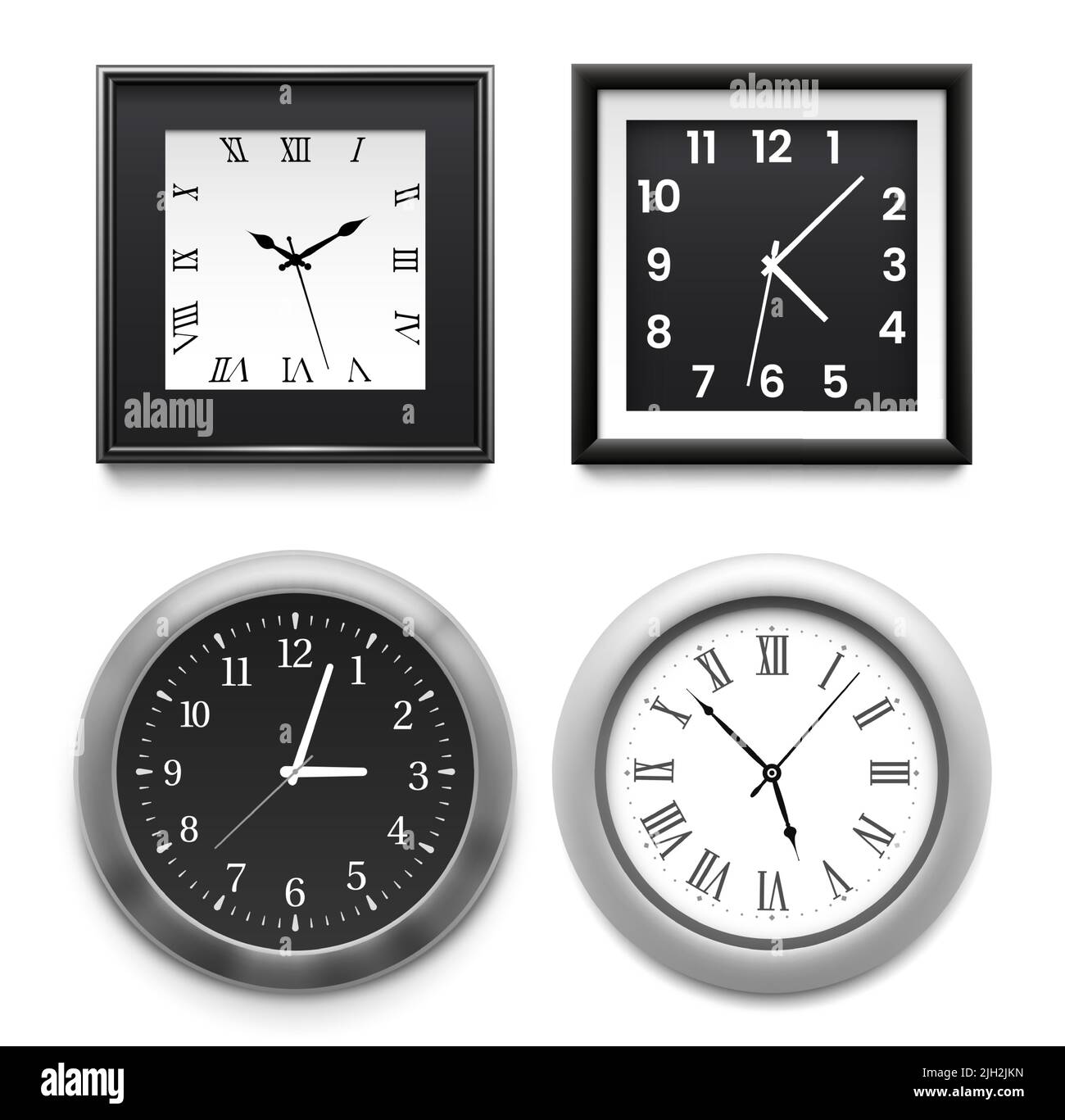 Realistic wall clocks. Modern round and square silver office or home