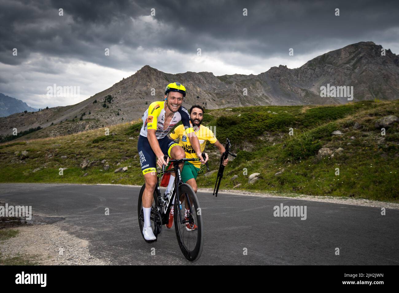 French Adrien Petit (Intermarché-Wanty-Gobert Matériaux) in action in the last kilometers of the climb of the Col du Granon during the 11th stage of the Cycling Tour de France 2022. The 11th stage of the Tour de France 2022 between Albertville and the top of the Col du Granon with a distance of 151.7 km. The winner of the stage is the Danish Jonas Vingegaard (Jumbo Visma team) who also takes the first place in the general classification at the detriment of the Slovenian Tadej Pogacar (team UAE Emirates). Colombian Nairo Quintana (Arkea Samsic team) ranked second in the stage ahead of Frenchman Stock Photo