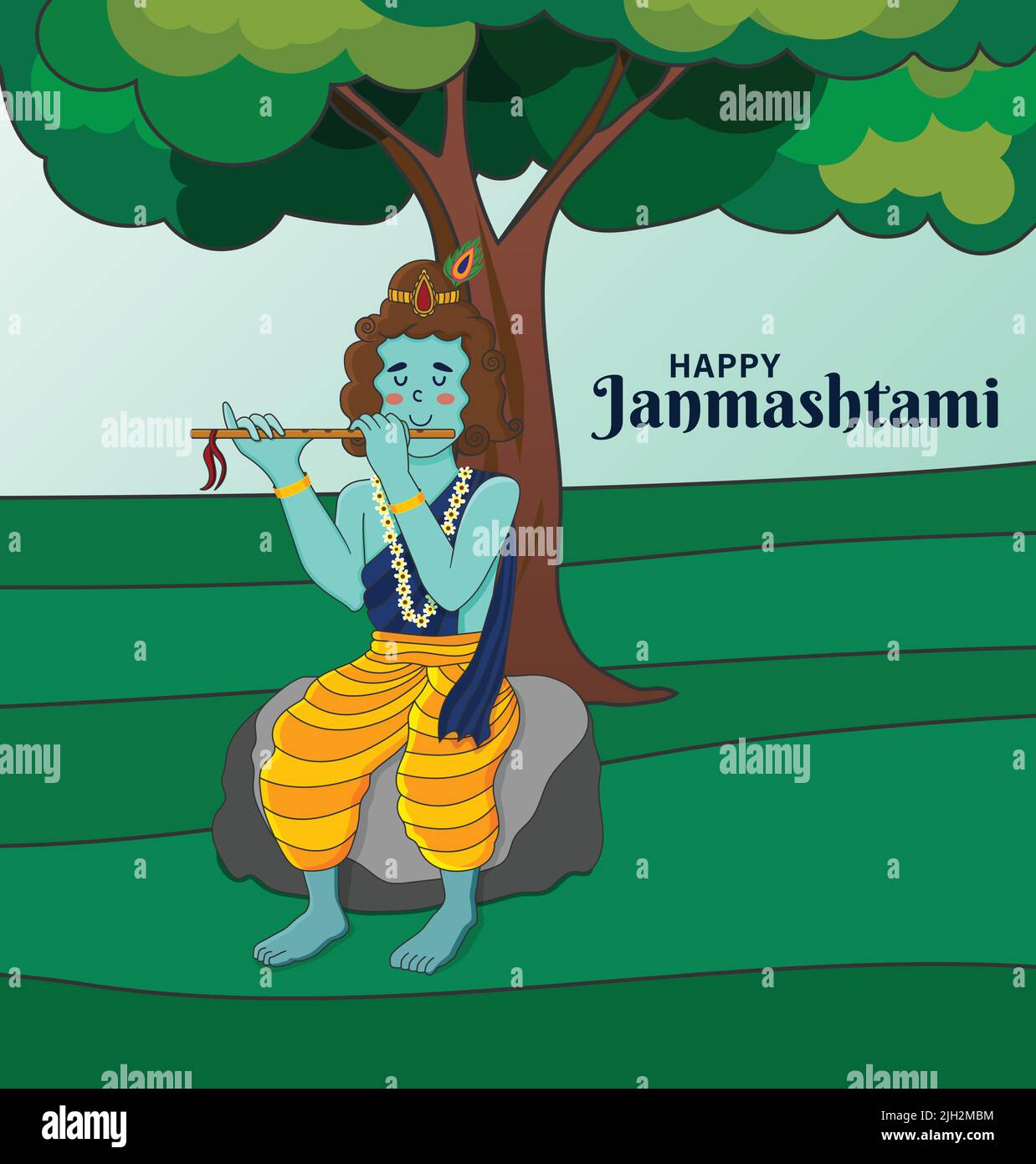 Krishna Janmashtami Cute Festival Poster. Lord Krishna playing flute in evening under a tree. Greeting card, banner, social media post flat vector art Stock Vector