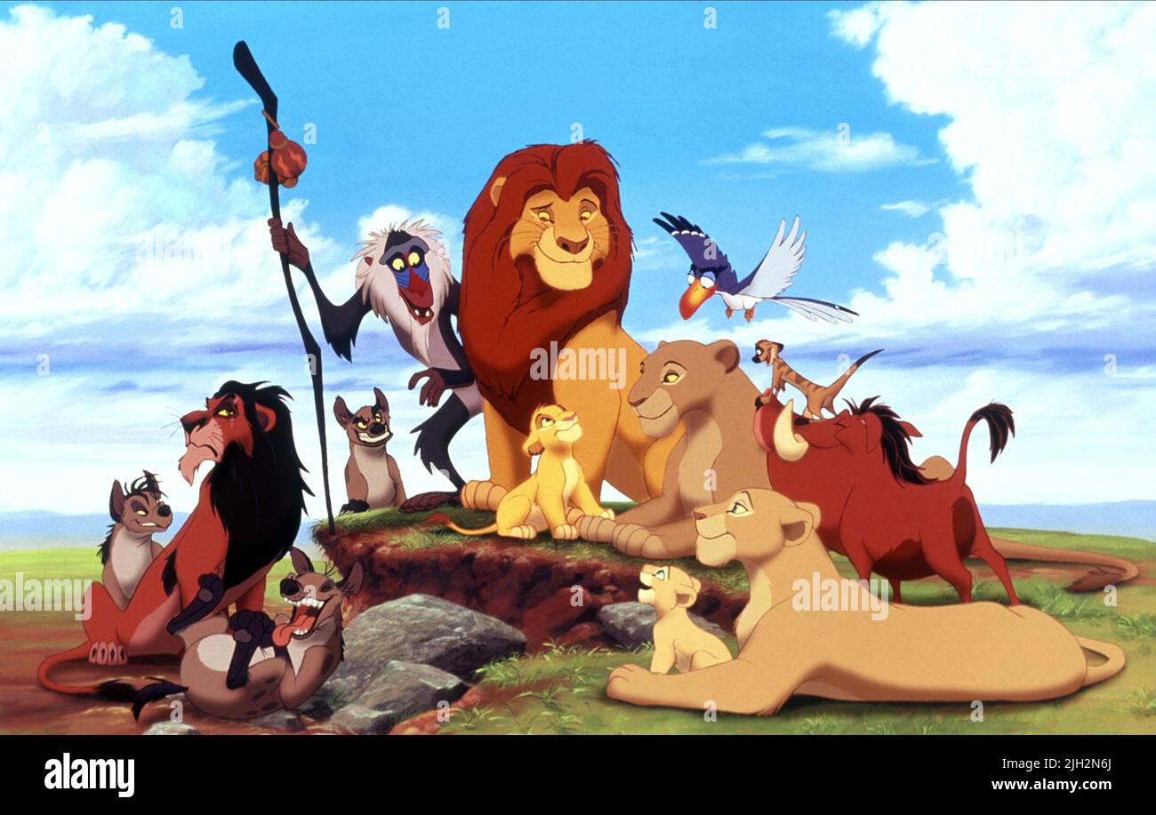 ED,SHENZI,BANZAI,SCAR,MAFUSA,SIMBA,TIMON,PUMBAA, THE LION KING, 1994 Stock Photo