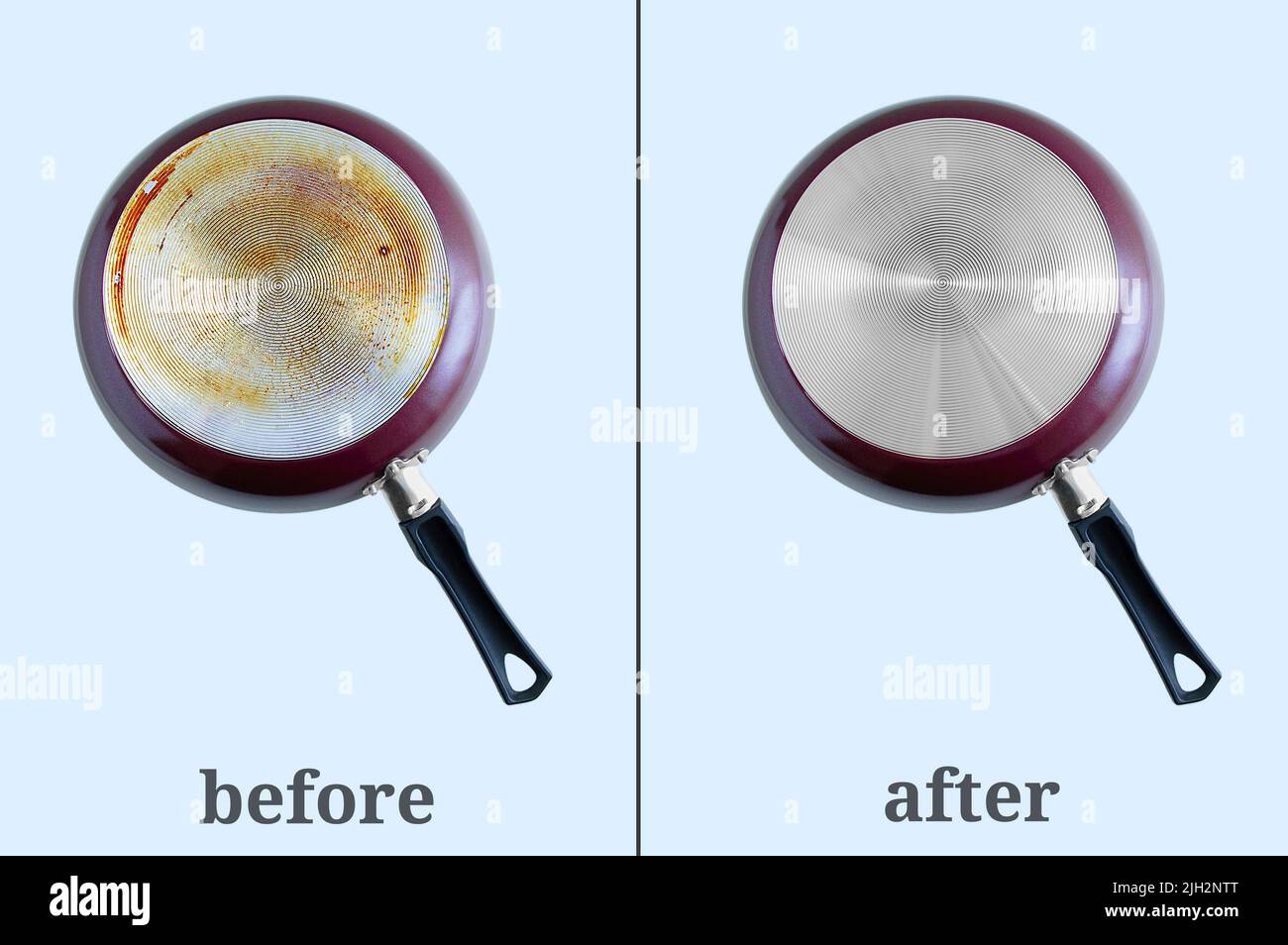 Cleaning carbon deposits on kitchen utensils. Dirty pan bottom and