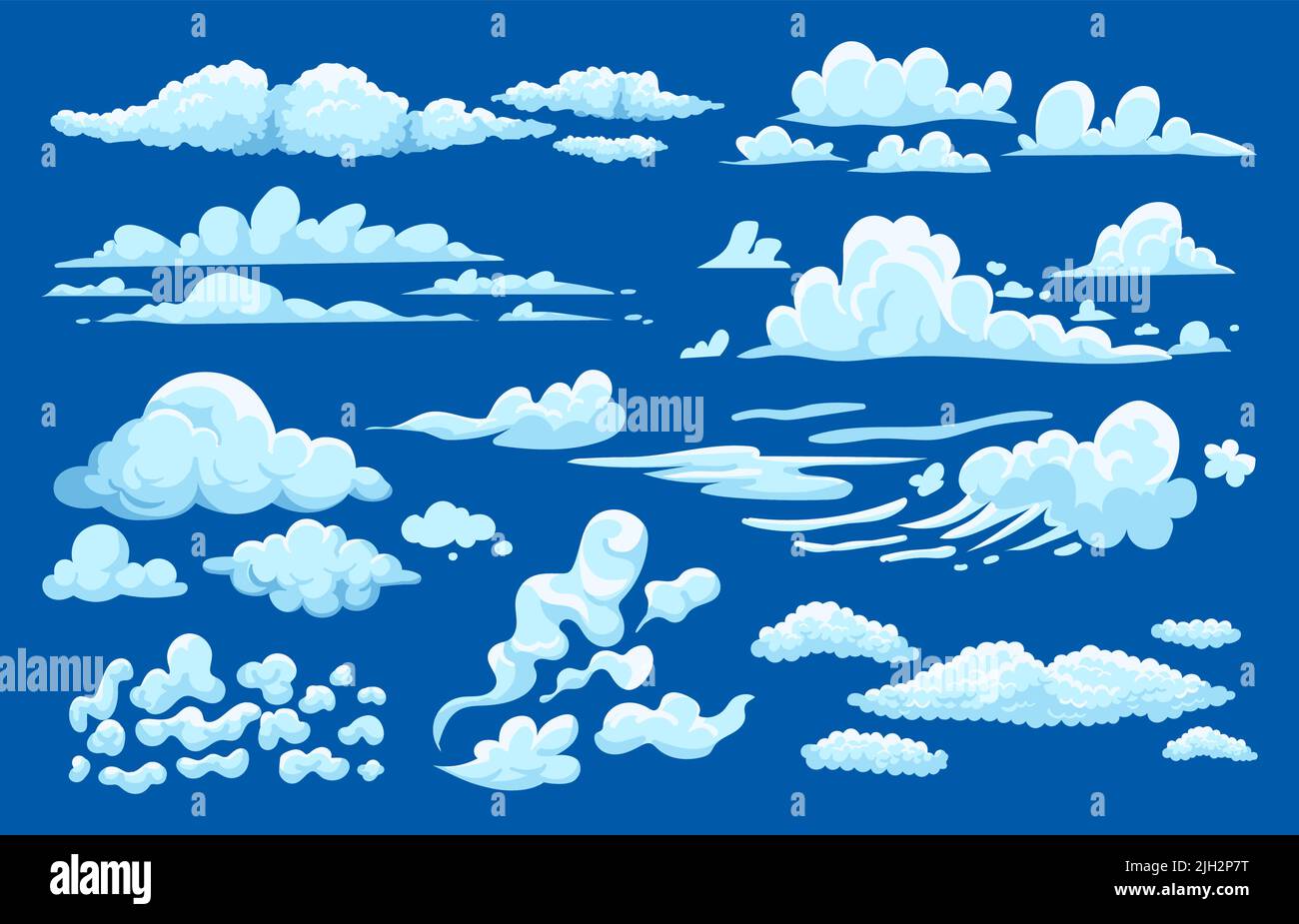 Cumulus clouds. Cartoon game UI 2D asset, summer cloudy sky background, sprite set of vapor fog mist and smoke. Vector cirrus and noctilucent clouds Stock Vector