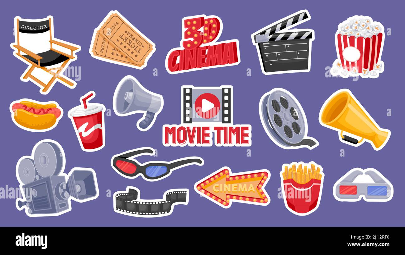 Cinema elements. Cartoon movie production and cinema theater 3D stickers of clapper popcorn camera tickets film bobbin. Vector motion picture icons Stock Vector