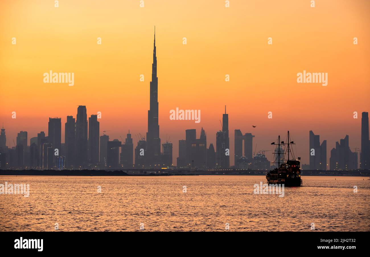 Panoramic view of Dubai skyline from Dubai Creek, United Arab Emirates Stock Photo