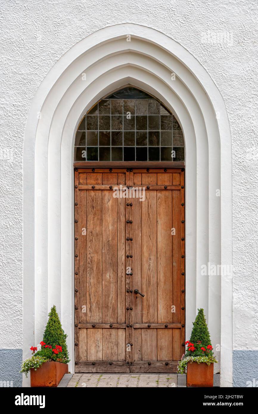 Ekeby church building in Bjuv Municipality, Skåne County, Sweden. Main entrance Stock Photo