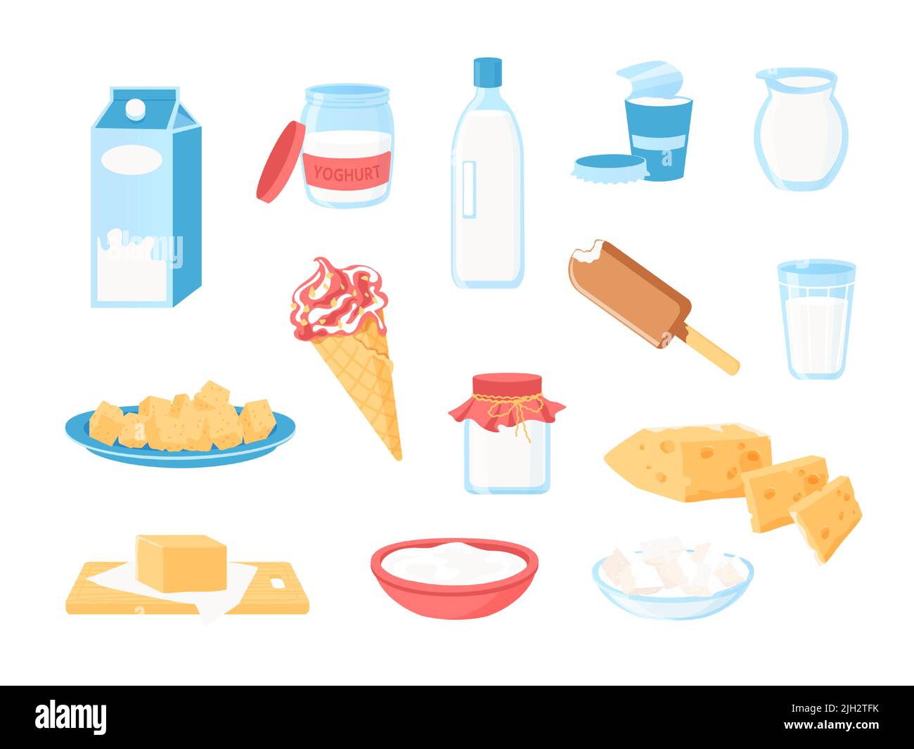 Milk products. Cartoon dairy farm food, organic cheese creams ice cream butter yoghurt in glass bottle and plastic packaging. Vector healthy food with Stock Vector