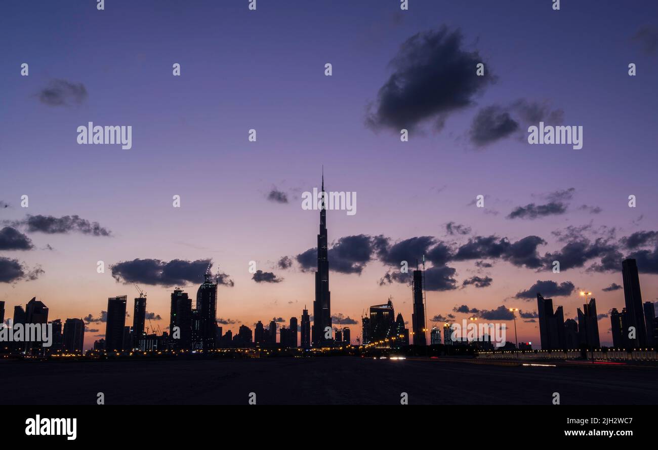 Panoramic view of Dubai skyline from Dubai Creek, United Arab Emirates Stock Photo