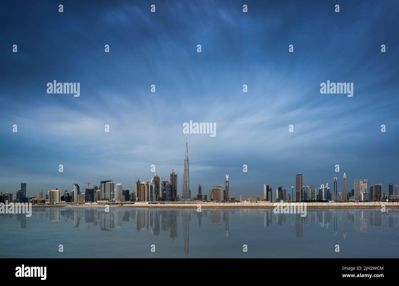 Panoramic view of Dubai skyline from Dubai Creek, United Arab Emirates Stock Photo