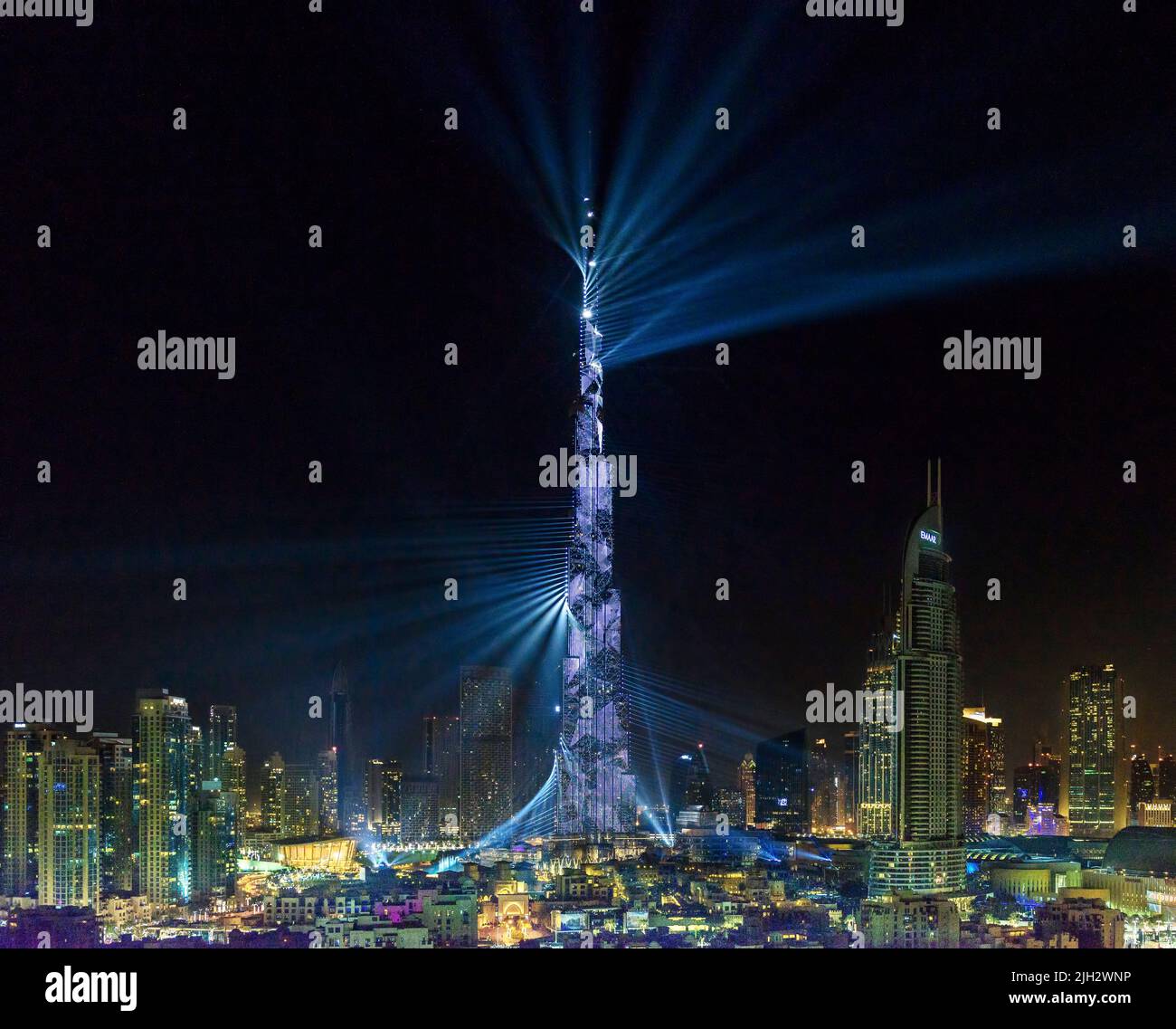 Light show on Burj Khalifa during the New year Eve 2018, Dubai, United Arab Emirates Stock Photo