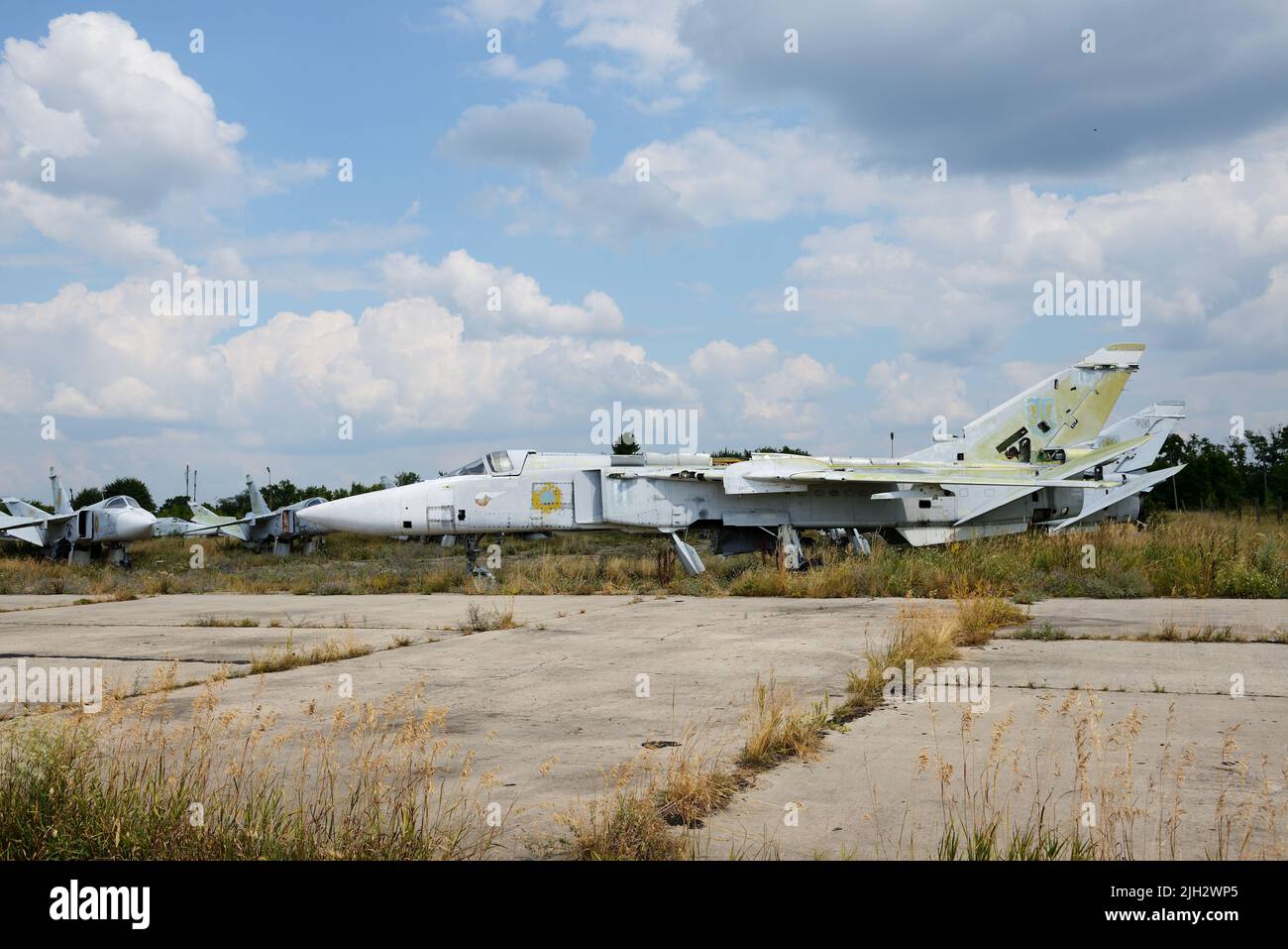 BILA TSERKVA, UKRAINE - AUGUST 25: The view on disassembled Ukrainian Sukhoi Su-24 supersonic all-weather attack aircraft on August 25, 2021 in Bila T Stock Photo