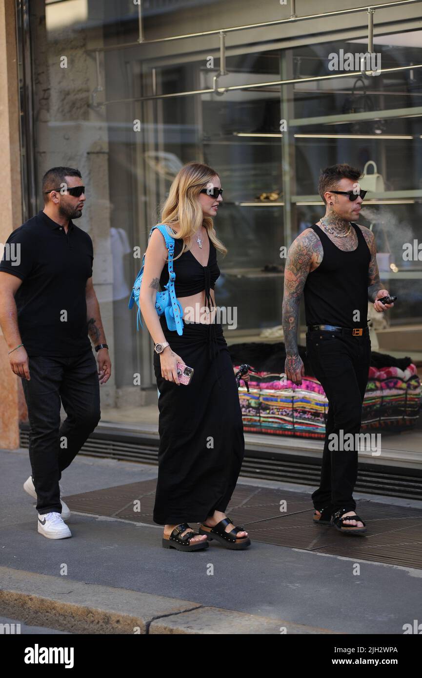 Milan, Italy. 14th 2022. Milan, 14-07-2022 Chiara Ferragni arrives the center with her husband Fedez and their son Leone, to go shopping in the boutiques of the quadrilateral. First they
