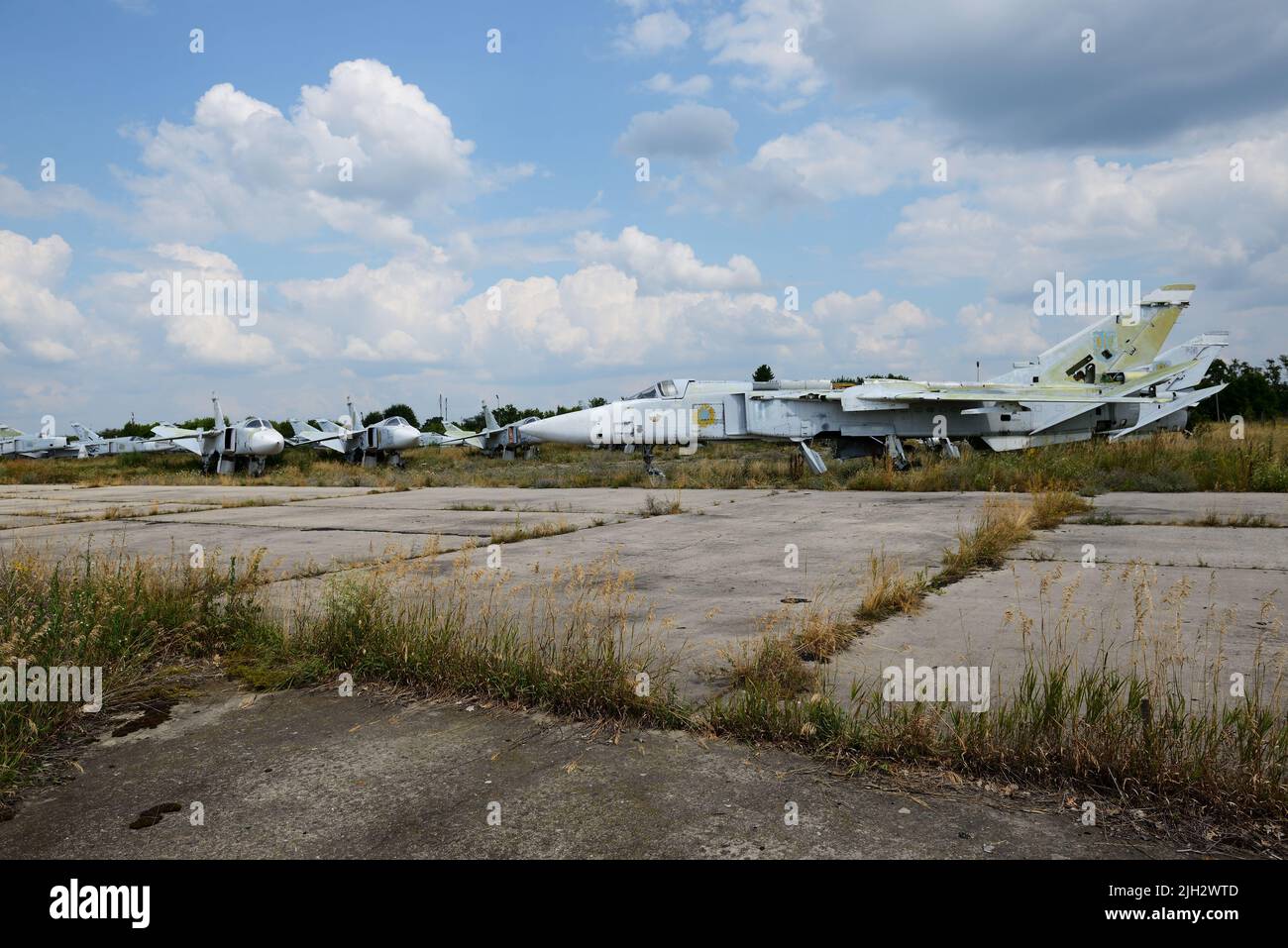 BILA TSERKVA, UKRAINE - AUGUST 25: The view on disassembled Ukrainian Sukhoi Su-24 supersonic all-weather attack aircrafts on August 25, 2021 in Bila Stock Photo