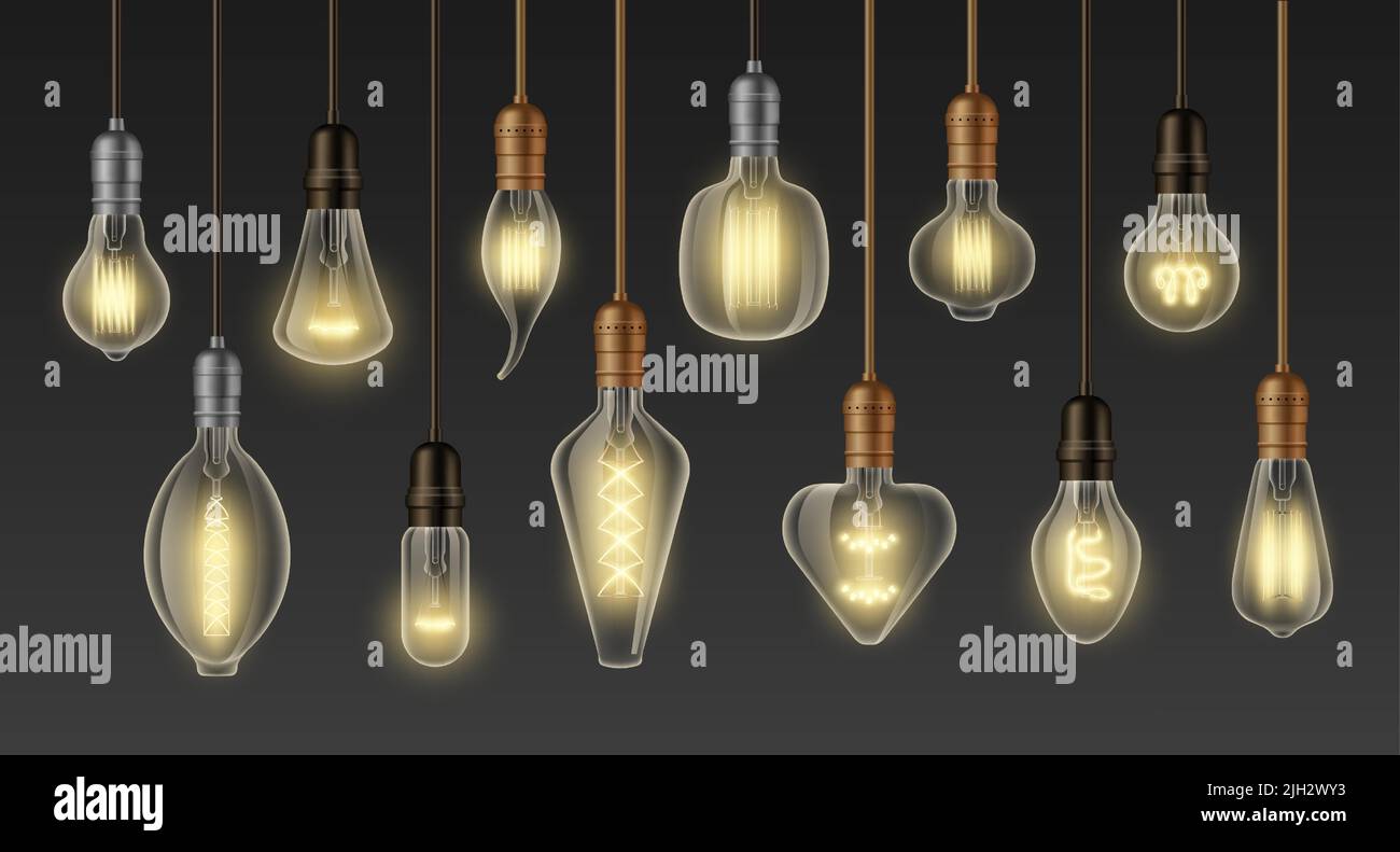 Incandescent lamps. Vintage glowing 3D realistic light bulb, retro loft