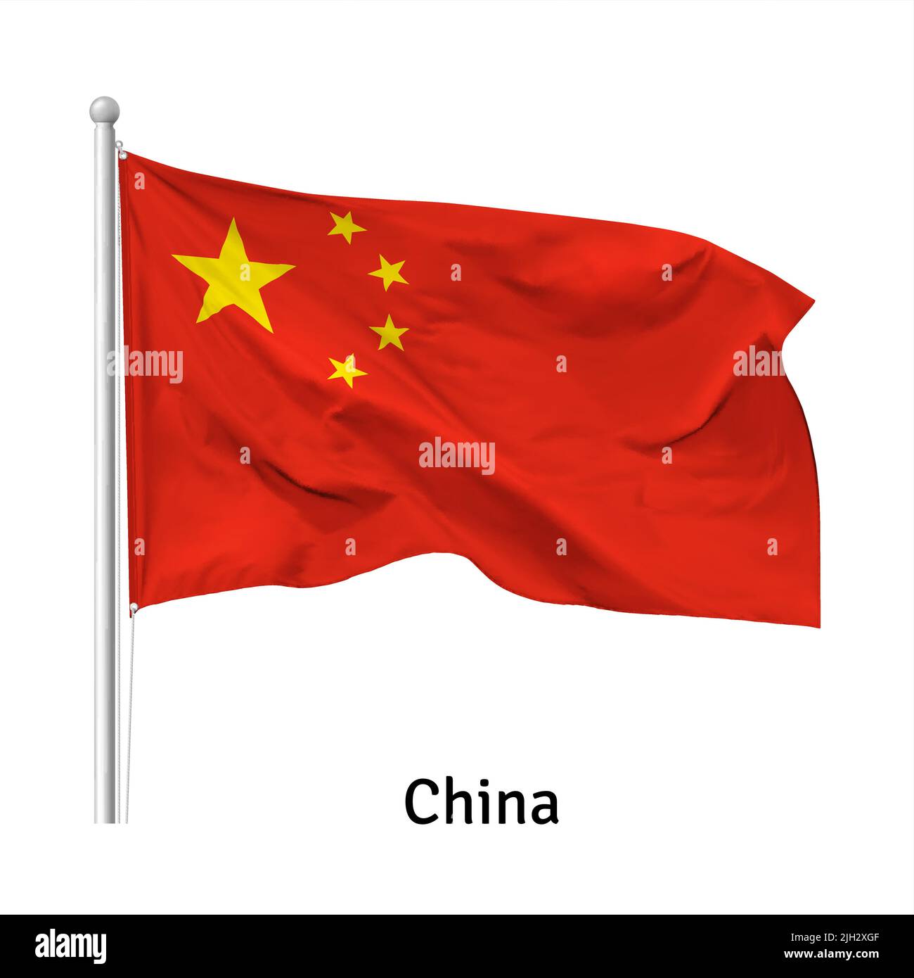 Flag of the People's Republic of China in the wind on flagpole, isolated on white background, vector Stock Vector