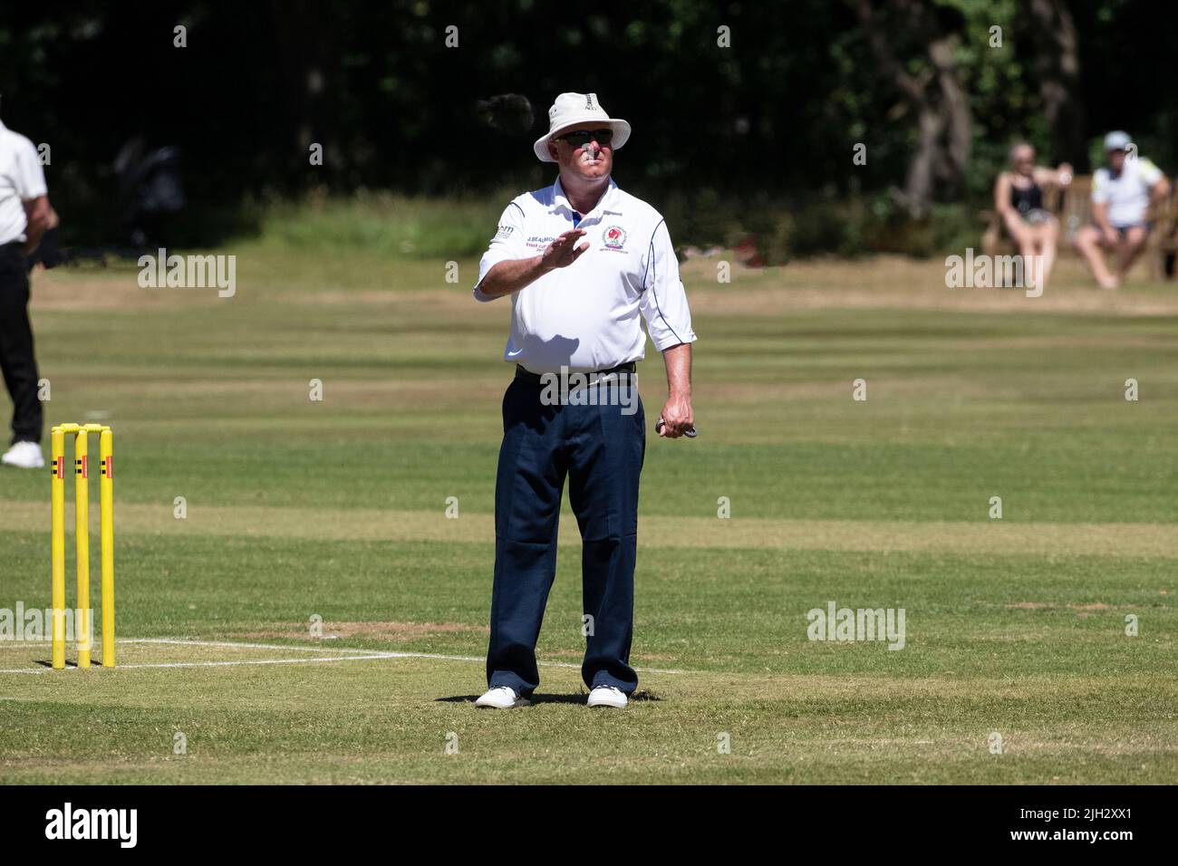 Cricket Umpire signalling four runs to the scorers at a local league cricket game in West Yorkshire in summer Stock Photo