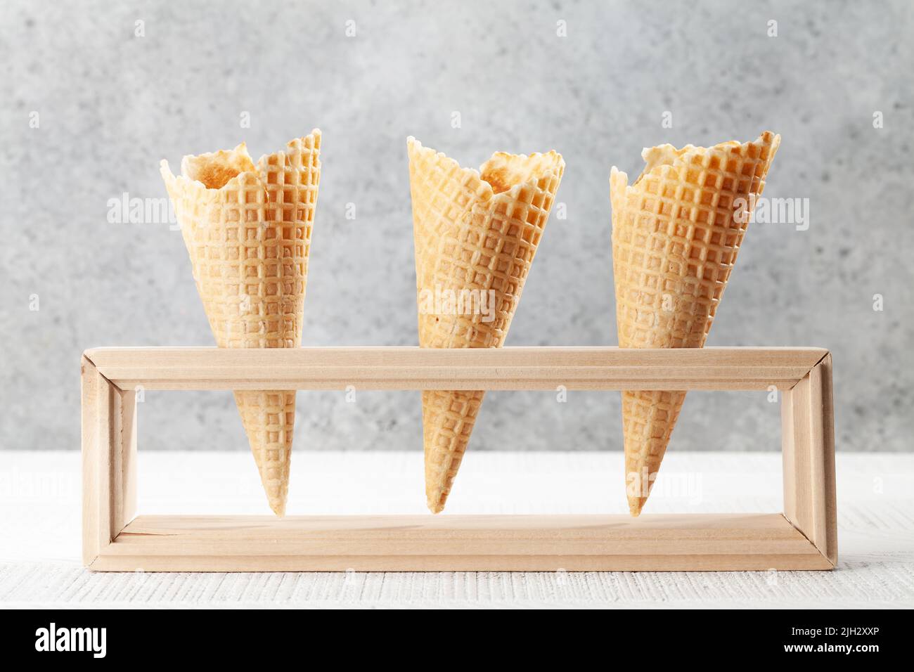 Three empty ice cream waffle cones Stock Photo