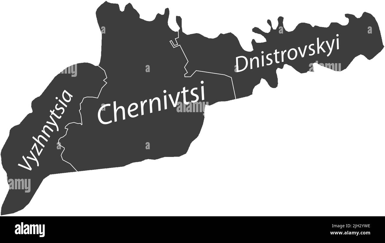 Dark gray tagged map of raions of the CHERNIVTSI OBLAST, UKRAINE Stock Vector