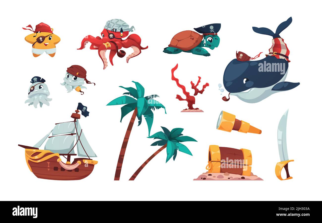 Cartoon pirate collection. Cute marine animals in pirate costumes, spyglass wooden chest palm trees and sailboat kids illustration. Vector isolated Stock Vector
