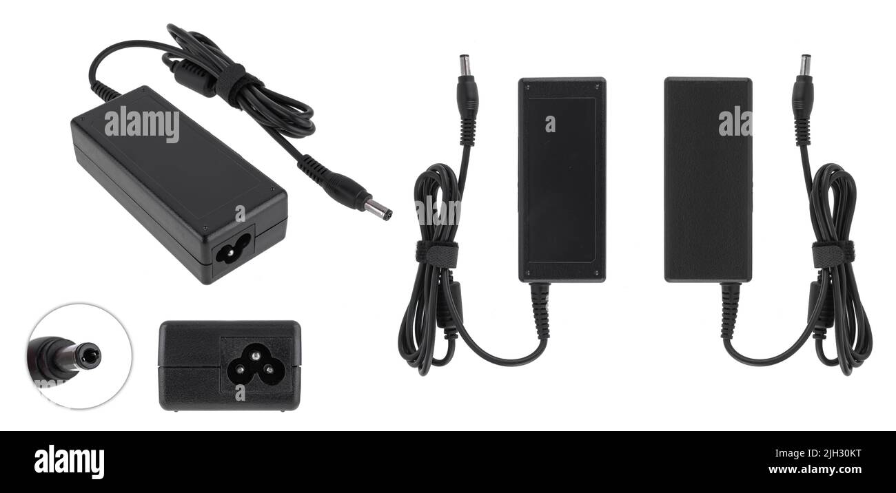laptop power supply, laptop spare part, on a white background, collage