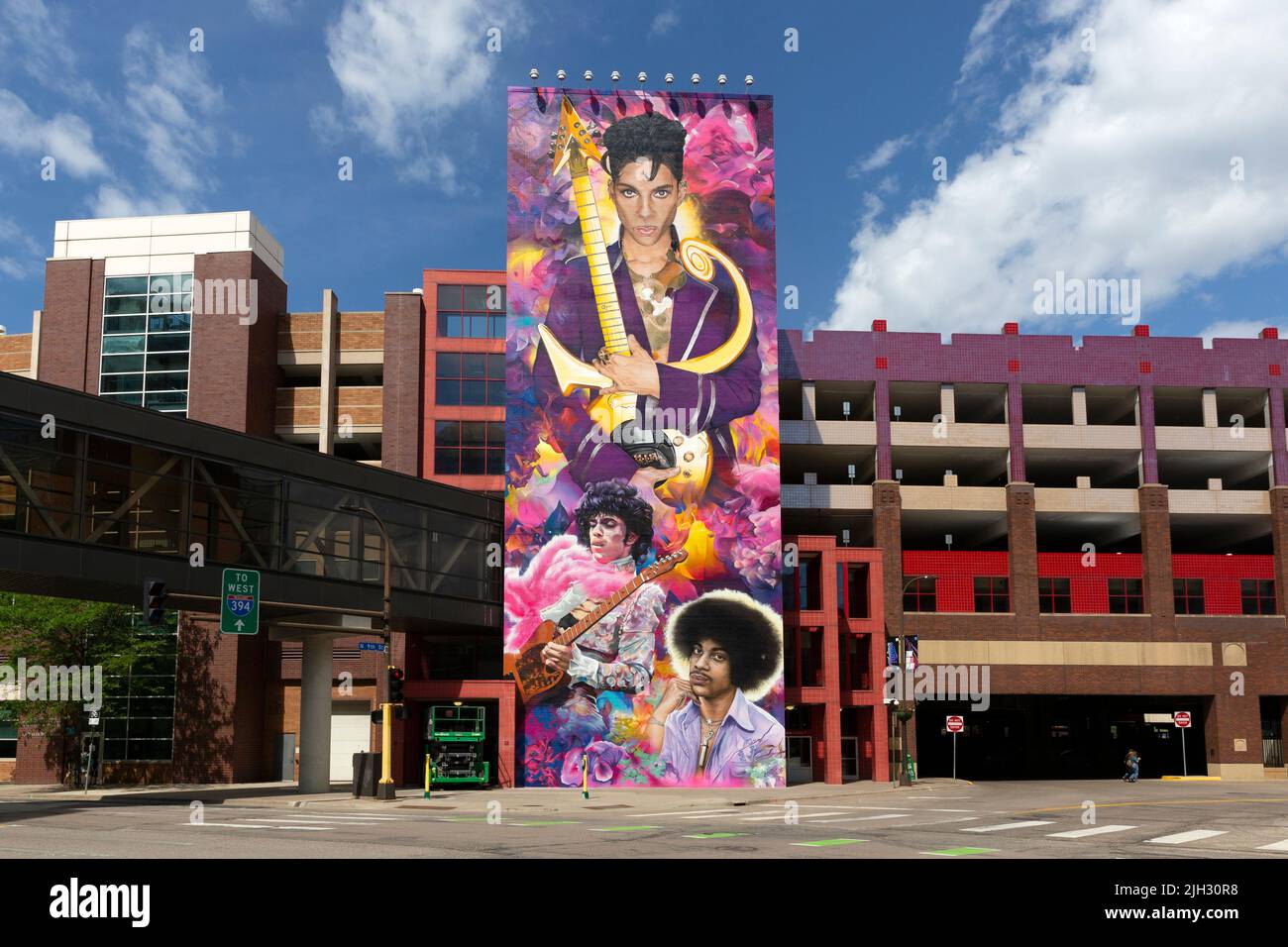 Large scale mural of American singer, songwriter, musician, record producer, dancer, and actor Prince in Downtown Minneapolis, Minnesota. Stock Photo